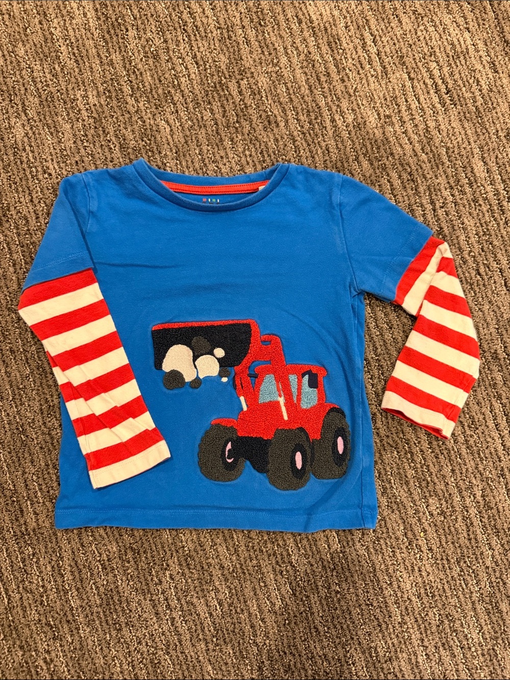 Mini Boden Blue Tee with Red Tractor and Striped Sleeves